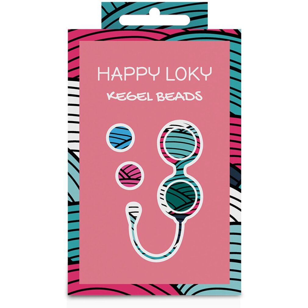 Verpackung mit Produktabbildung. Aufdruck: HAPPY LOKY, KEGEL BEADS. Abbildung von Kugeln und verbundenen Kugeln.