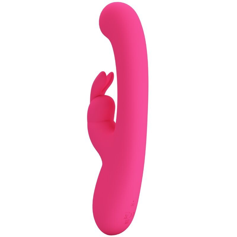 Rosa Vibrator mit gebogener Form und Hasenohren-Design. Silikon-Material. Seitliche Ansicht.