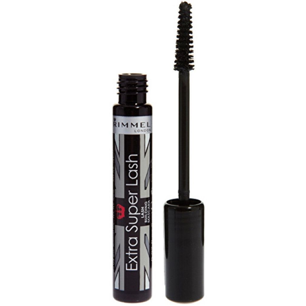 Schwarze Mascara-Tube mit Bürste. Aufschrift: Extra Super Lash.