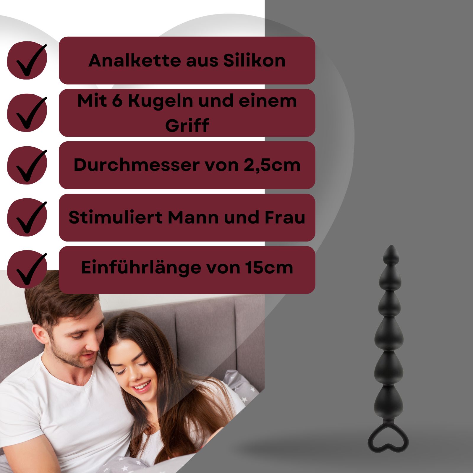 Schwarze Analperlenkette aus Silikon mit 6 Kugeln und Griff. Durchmesser 2,5 cm, Einführungslänge 15 cm.