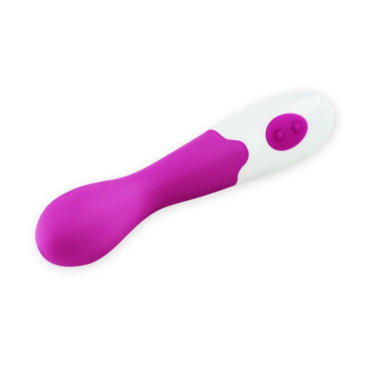 Vibrator, rosa Spitze, weißer Griff. Zwei Knöpfe. Liegende Position.
