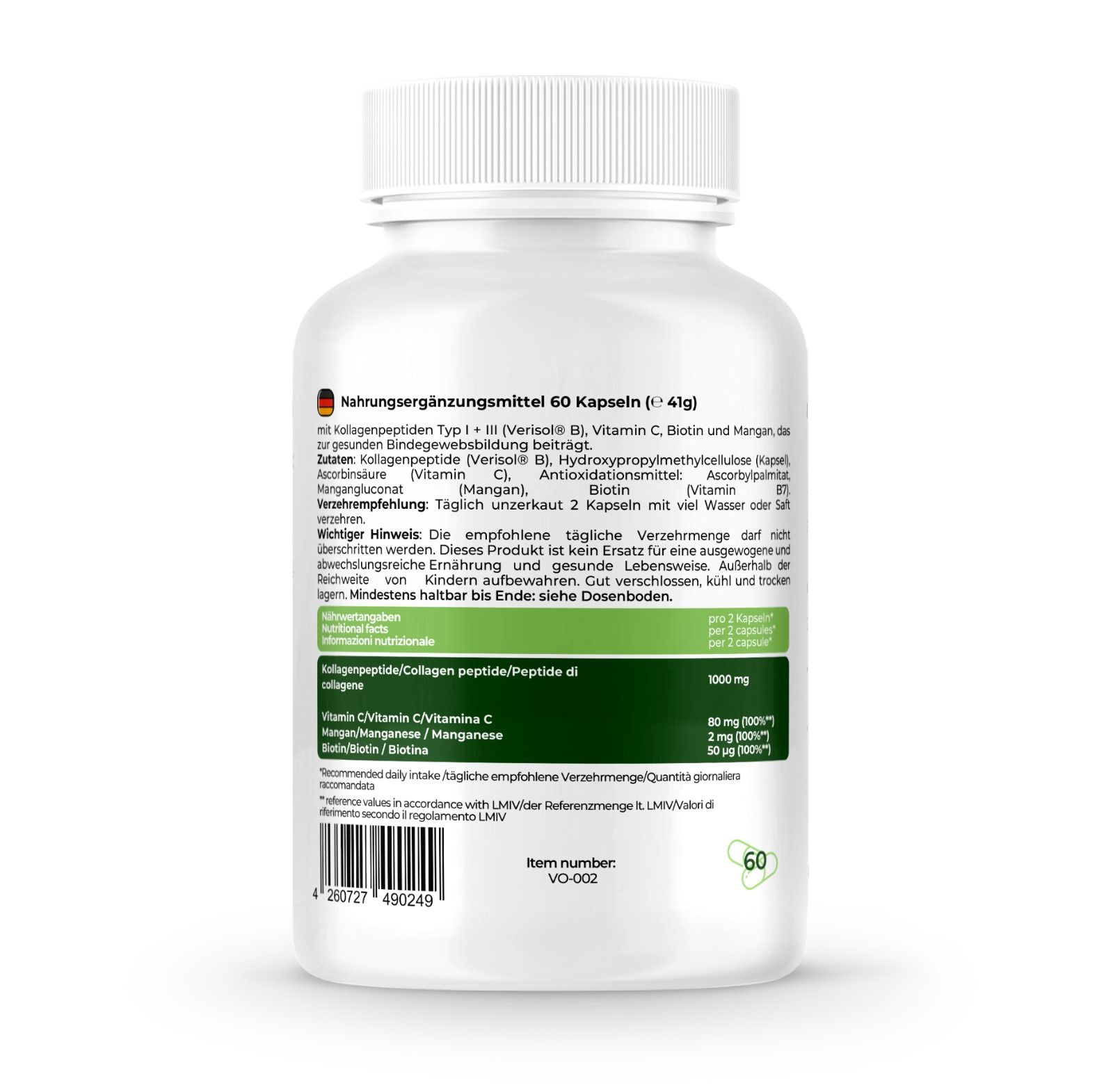 Rückseite der weißen Flasche. Enthält Informationen zu Inhaltsstoffen, Dosierung und Nährwertangaben. 60 Kapseln.