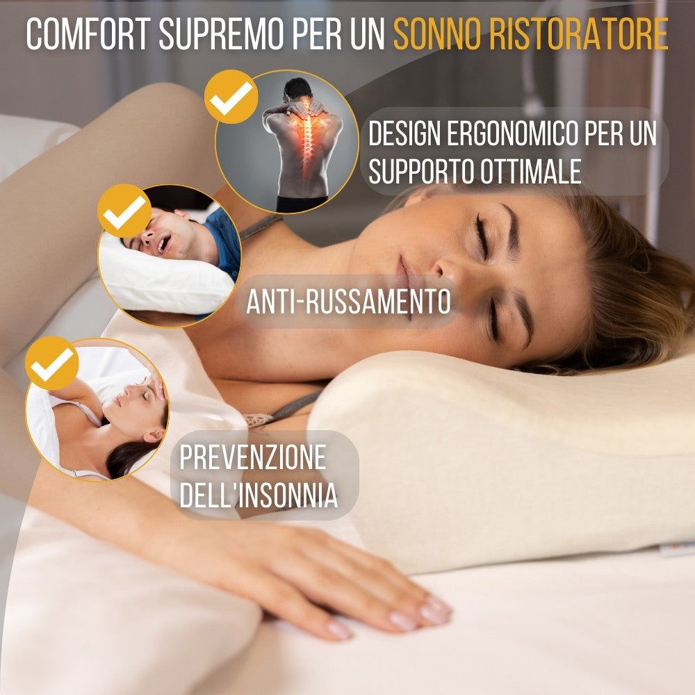 Donna che dorme su un cuscino cervicale. Testo: Ultima comfort per un sonno ristoratore. Design ergonomico. Anti-russamento.