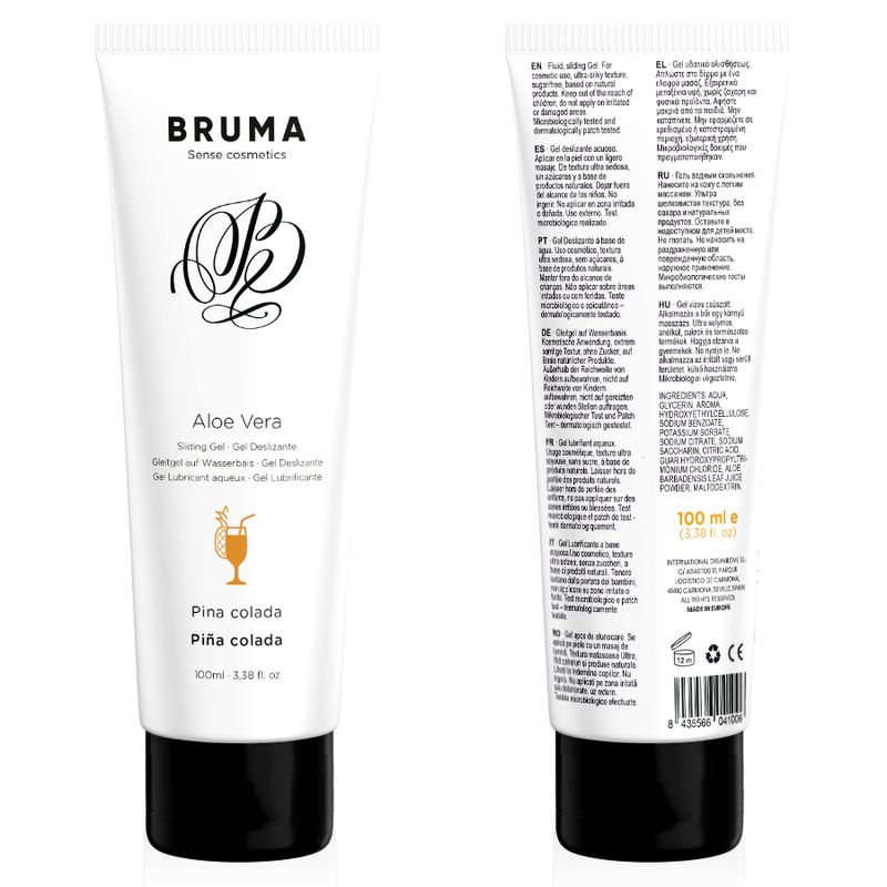 Weiße Tube mit Bruma Aloe Vera Gleitgel, Duft Piña Colada, 100 ml.