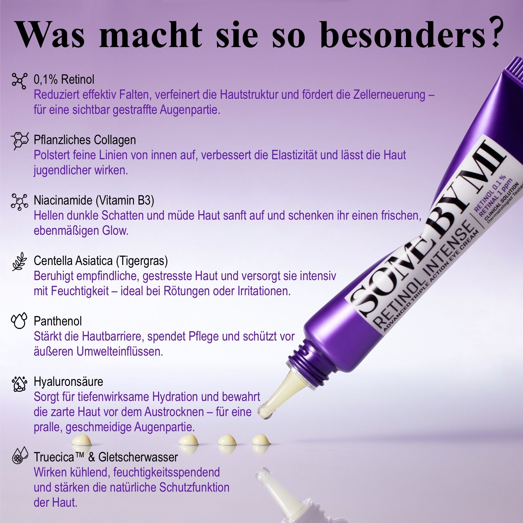 Tube mit Creme. Text: 0,1% Retinol, Niacinamid, Centella Asiatica, Panthenol.