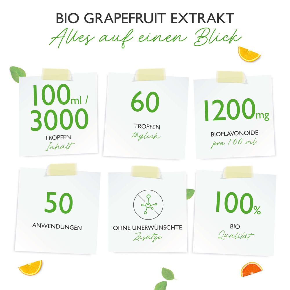 Verschiedene Informationen auf Notizzetteln: Inhalt, Tropfen, Bioflavonoide, Anwendungen, Zusätze, Qualität.