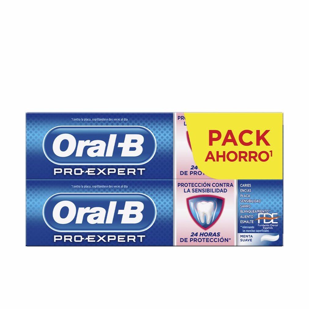 Zwei Zahnpasta-Tuben in Verpackung. Marke Oral-B Pro-Expert. Aufdruck: Packung, Schutz vor Empfindlichkeit, 24 Stunden Schutz, Minze.