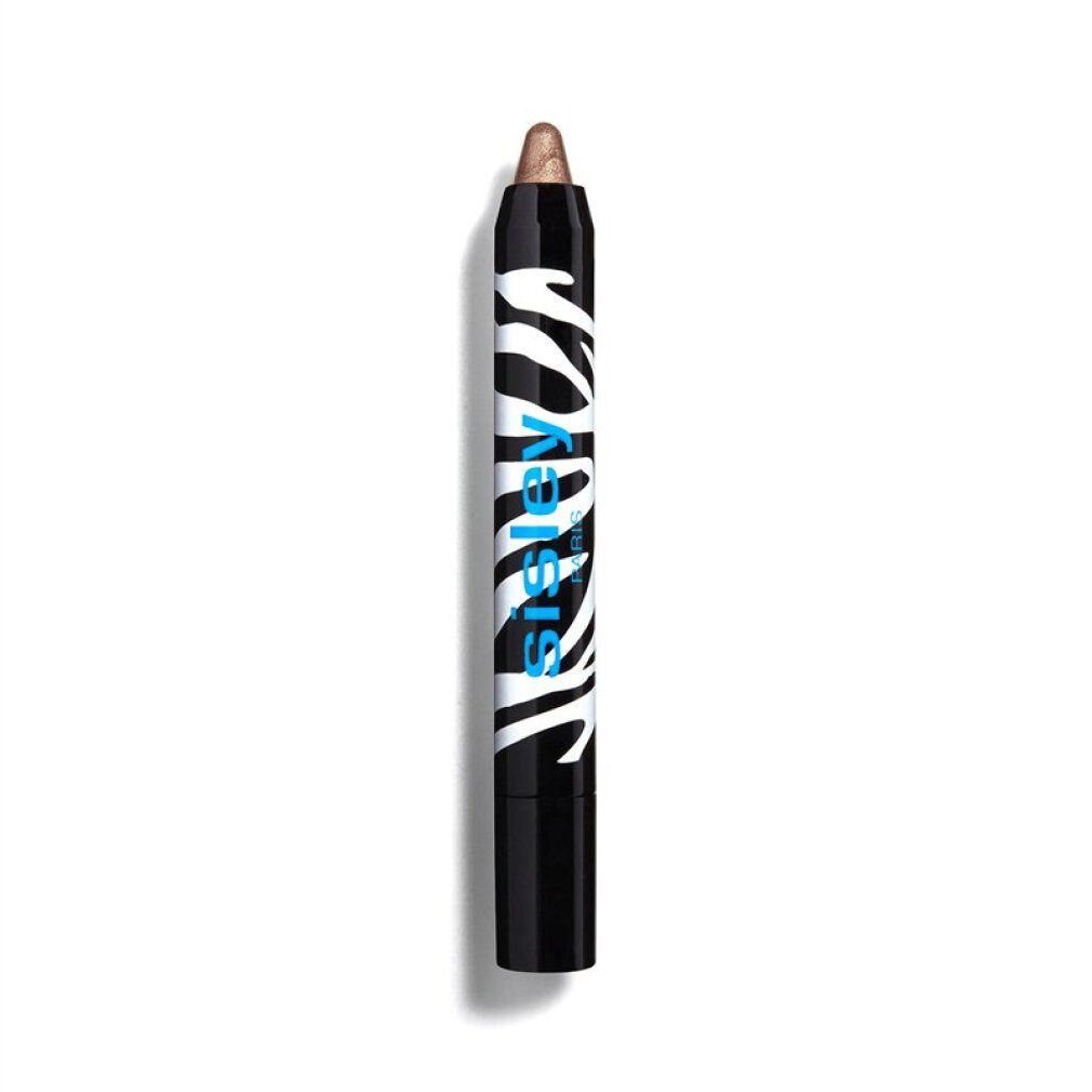 Sisley Phyto-Eye Twist Stift. Schwarze Kappe, Zebra-Muster, blaue Schrift. Geöffnete Spitze mit Farbe.