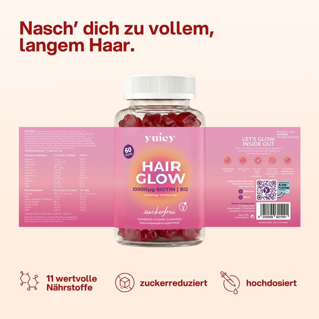 Flasche yuicy® Hair Glow mit geöffnetem Etikett. Gummibärchen daneben. Text: 11 wertvolle Nährstoffe, zuckerreduziert, hochdosiert. 60 Stück.