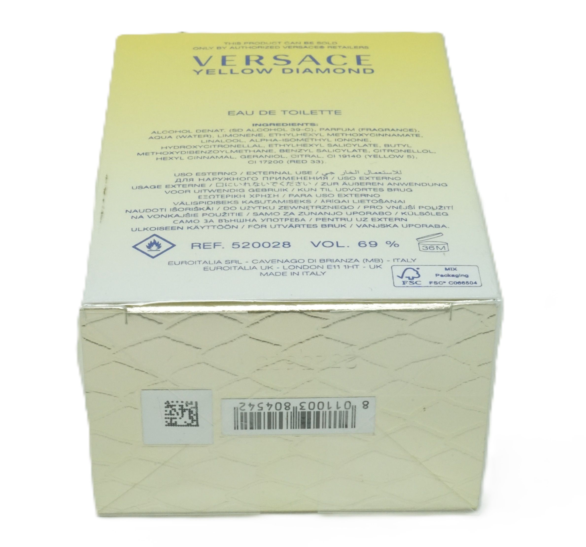 Rückseite der Verpackung. Text: VERSACE YELLOW DIAMOND. Inhaltsstoffe, Warnhinweise, Ref. 52002B, Vol. 69%.