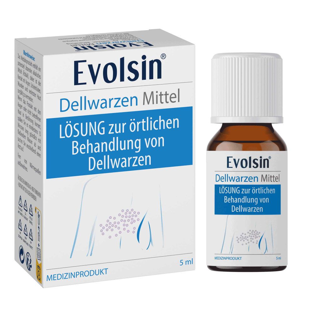 Braune Flasche mit weißem Deckel. Produktname Evolsin. Blaue Schrift.