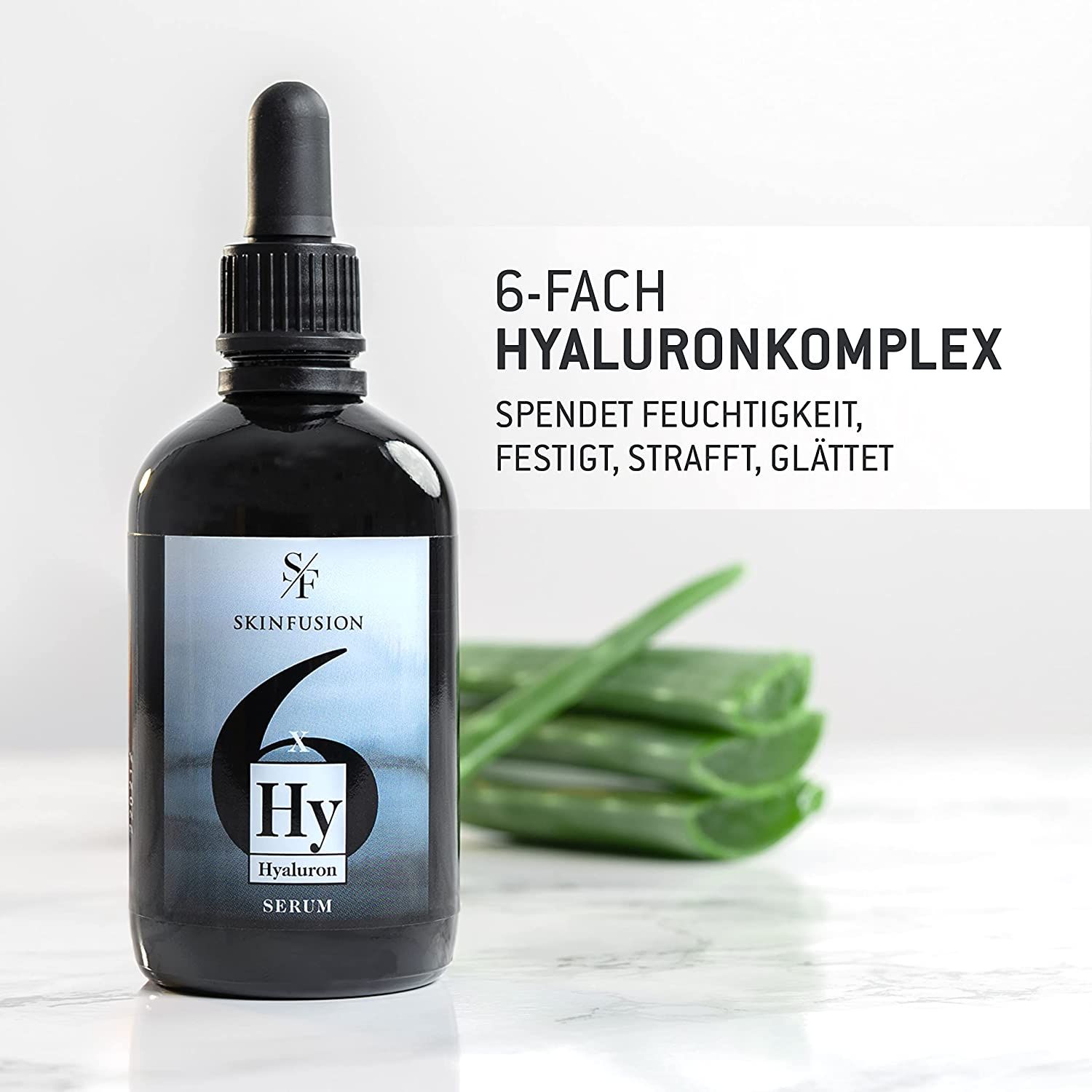 Schwarze Flasche mit Serum, Pipette. Text: 6-Fach Hyalurankomplex. Aloe Vera Blätter im Hintergrund.