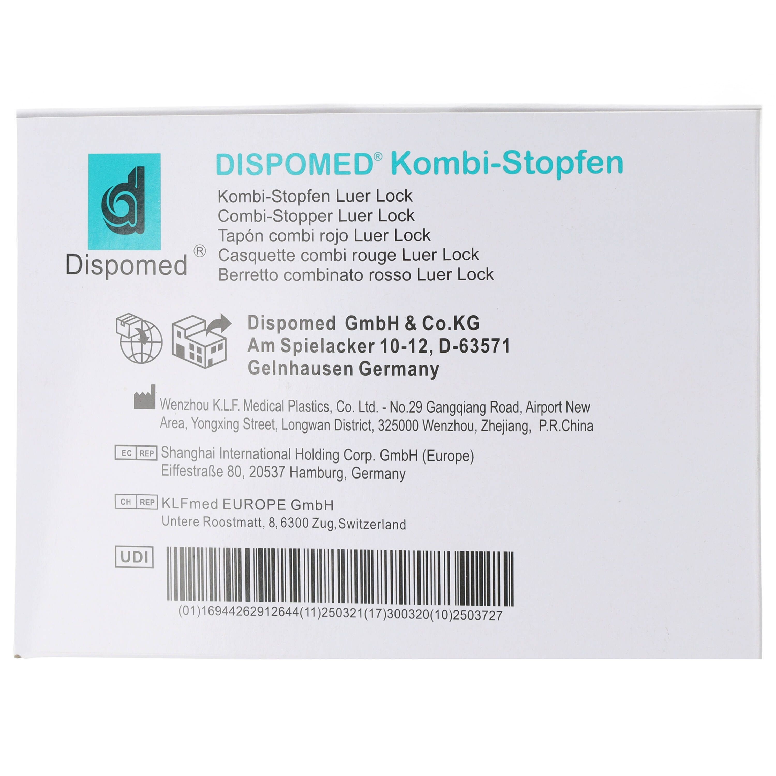 Weiße Verpackung mit Produktinformationen. Logo von Dispomed. Text: Kombi-Stopfen, Luer Lock, Herstelleradresse, UDI-Code.