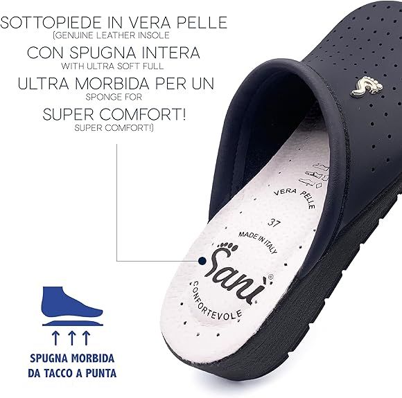 Primo piano di zoccolo anatomico blu scuro. Soletta in pelle con marchio Sani. Testo: 'CONFORTEVOLE'. Taglia 37.
