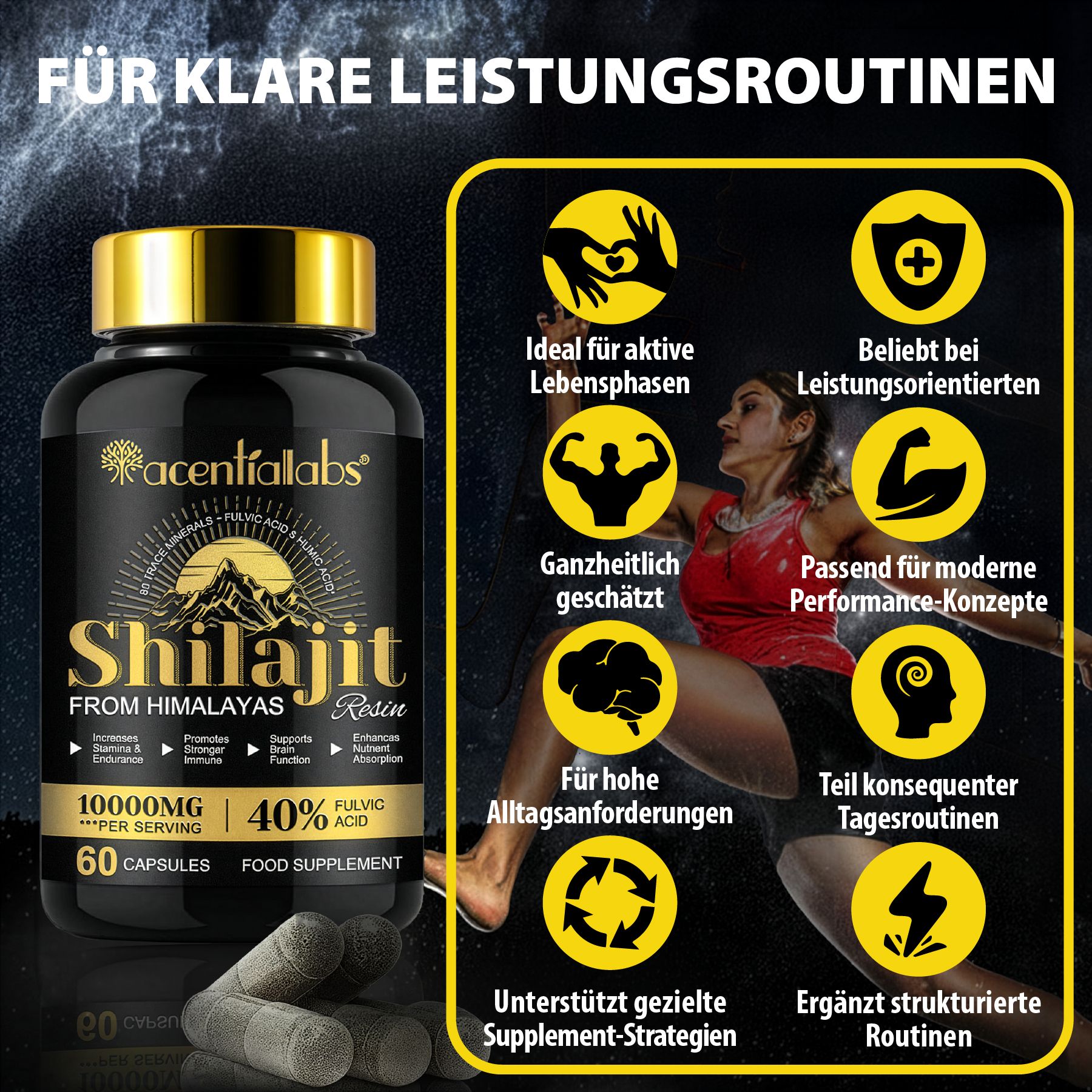 Schwarze Kapsel-Dose mit goldenem Deckel. Aufschrift: Shilajit, 10000mg, 40% Fulvinsäure. 60 Kapseln. Abbildung einer Läuferin.