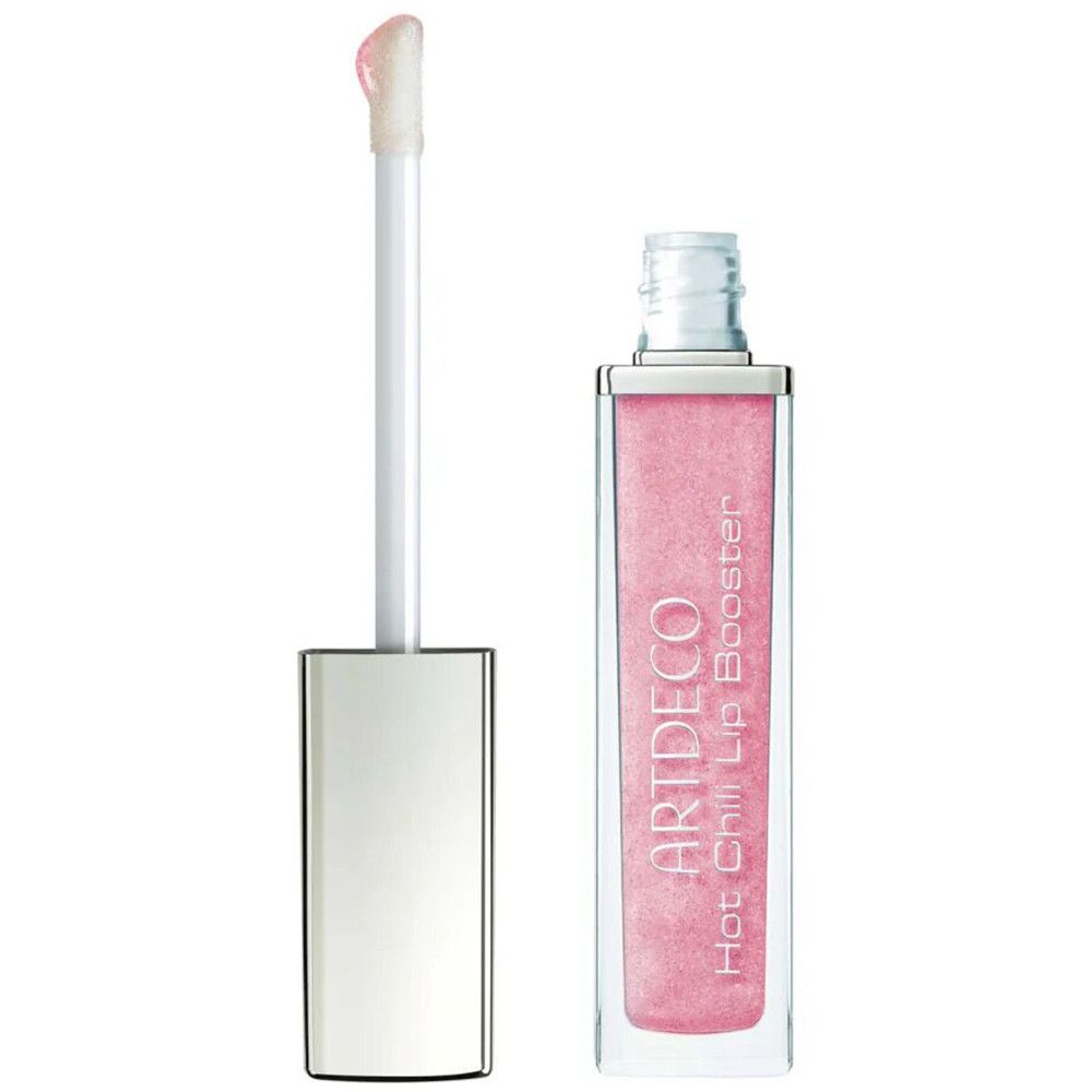 Artdeco Hot Chili Lip Booster, rosa Flüssigkeit in transparentem Behälter mit Applikator. Silberne Kappe.