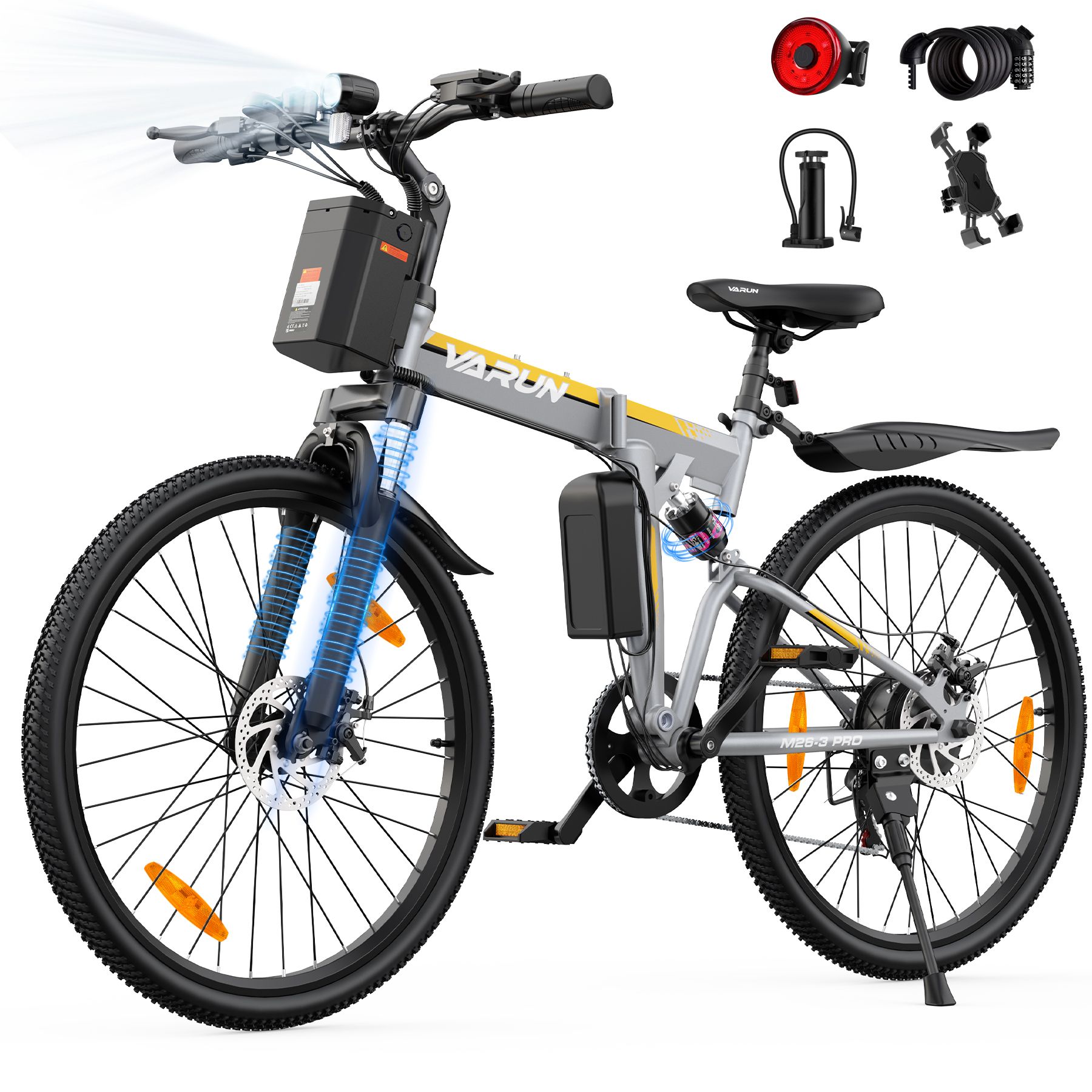 Faltbares E-Bike, grau-gelb. Scheinwerfer und Federung hervorgehoben. VARUN-Logo. CHAOYANG-Reifen.