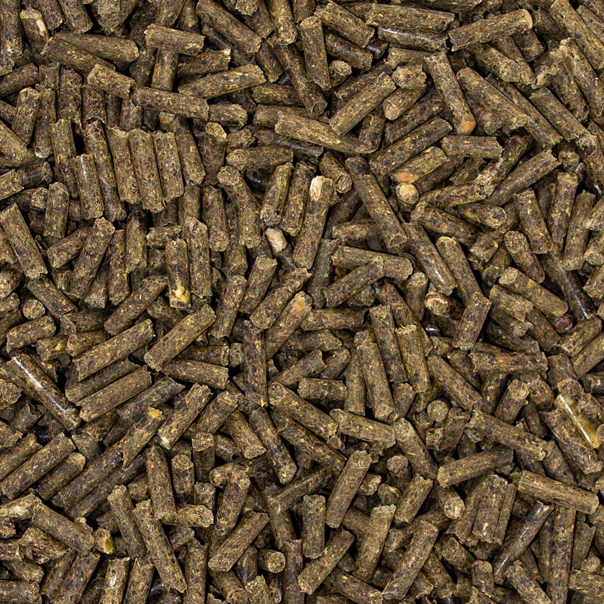 Nahaufnahme von braunen Pellets. Texturierte, zylindrische Form. Einzelne Pellets liegen verstreut.