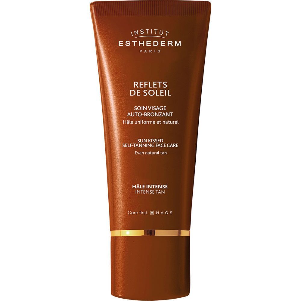 Bruine tube met INSTITUT ESTHEDERM PARIS. REFLETS DE SOLEIL, SOIN VISAGE AUTO-BRONZANT. HALE INTENSE. Zelfbruiner.