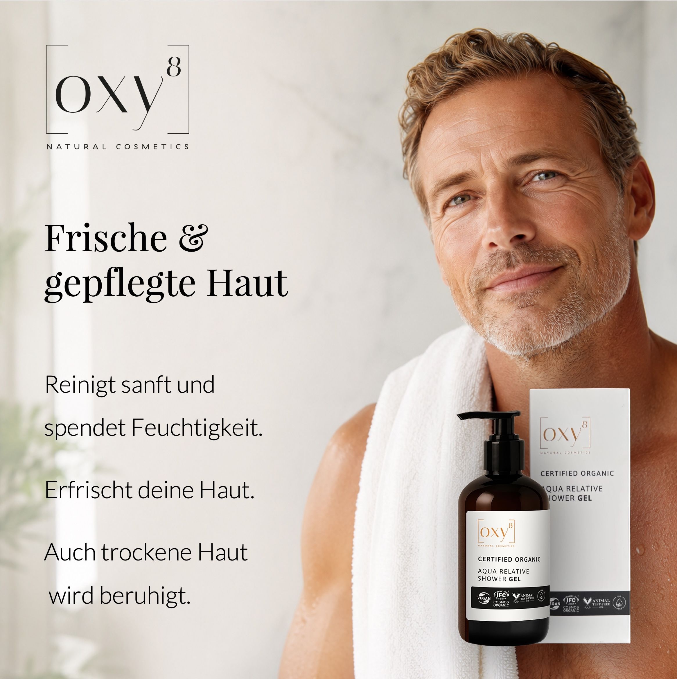 Mann mit OXY8 Aqua Relative Shower Gel.