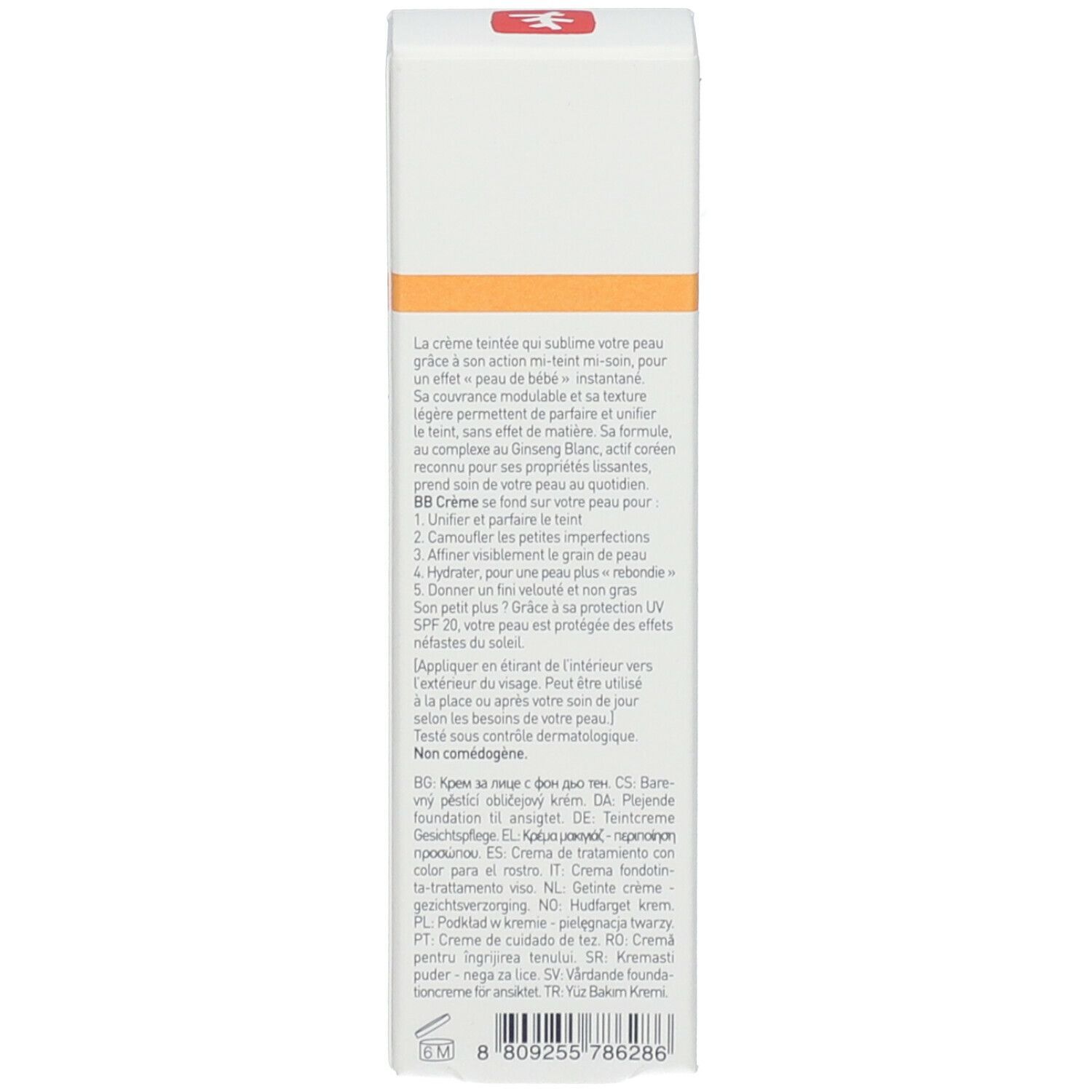 Rückseite der Produktverpackung. Enthält Text in mehreren Sprachen und Produktinformationen.