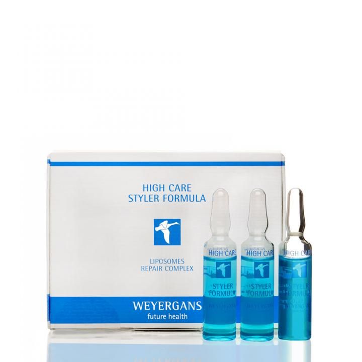 Verpackung mit drei Ampullen. Beschriftung: High Care, Styler Formula, Weyergans. Logo: Vogel.