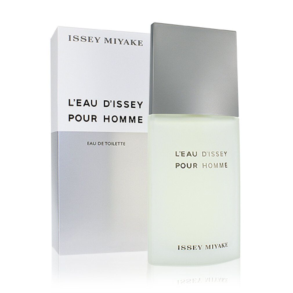 Flakon und Verpackung. Flakon rechteckig, grauer Deckel. Verpackung weiß-grau. Aufschrift: L'EAU D'ISSEY POUR HOMME.