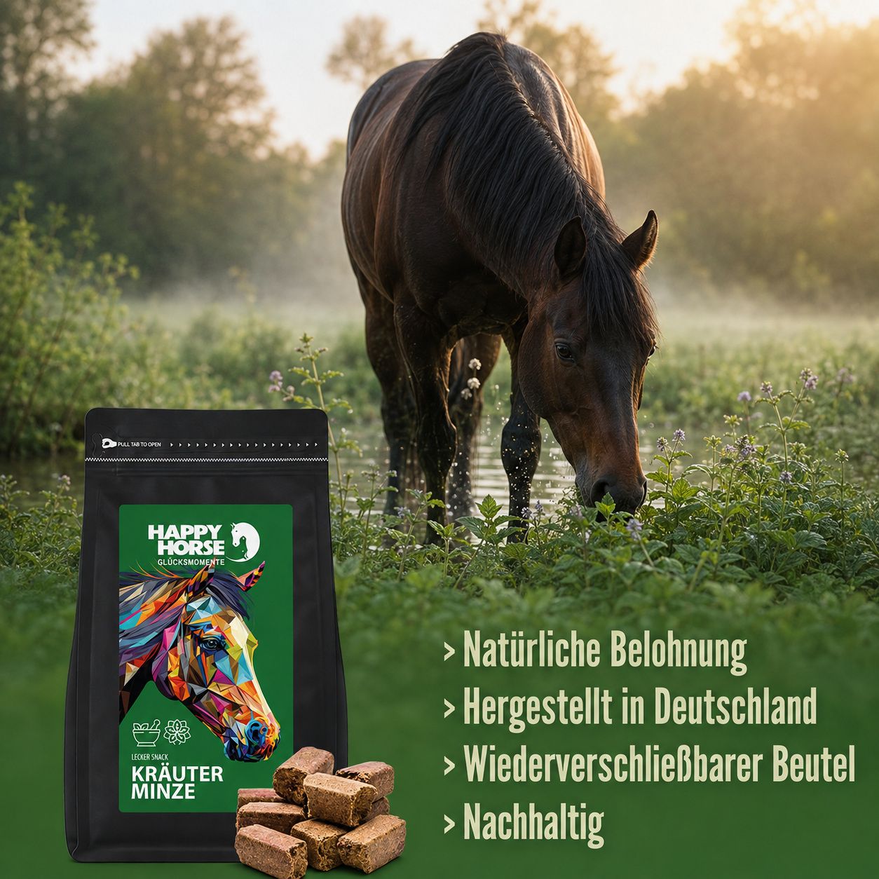Pferd frisst Happy Horse Lecker Snack Kräuter Minze im Freien. "Natürliche Belohnung" auf Deutsch.