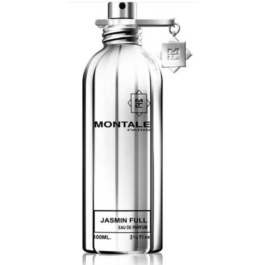 Silberne Flasche mit Sprühkopf und Anhänger. Aufschrift: Montale, Jasmin Full, 100ml.