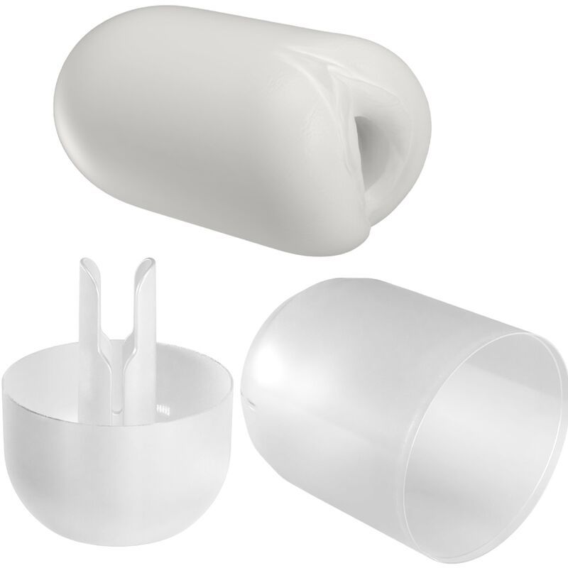 Drei weiße Komponenten eines Masturbators: Hauptteil, Basis und Hülle.