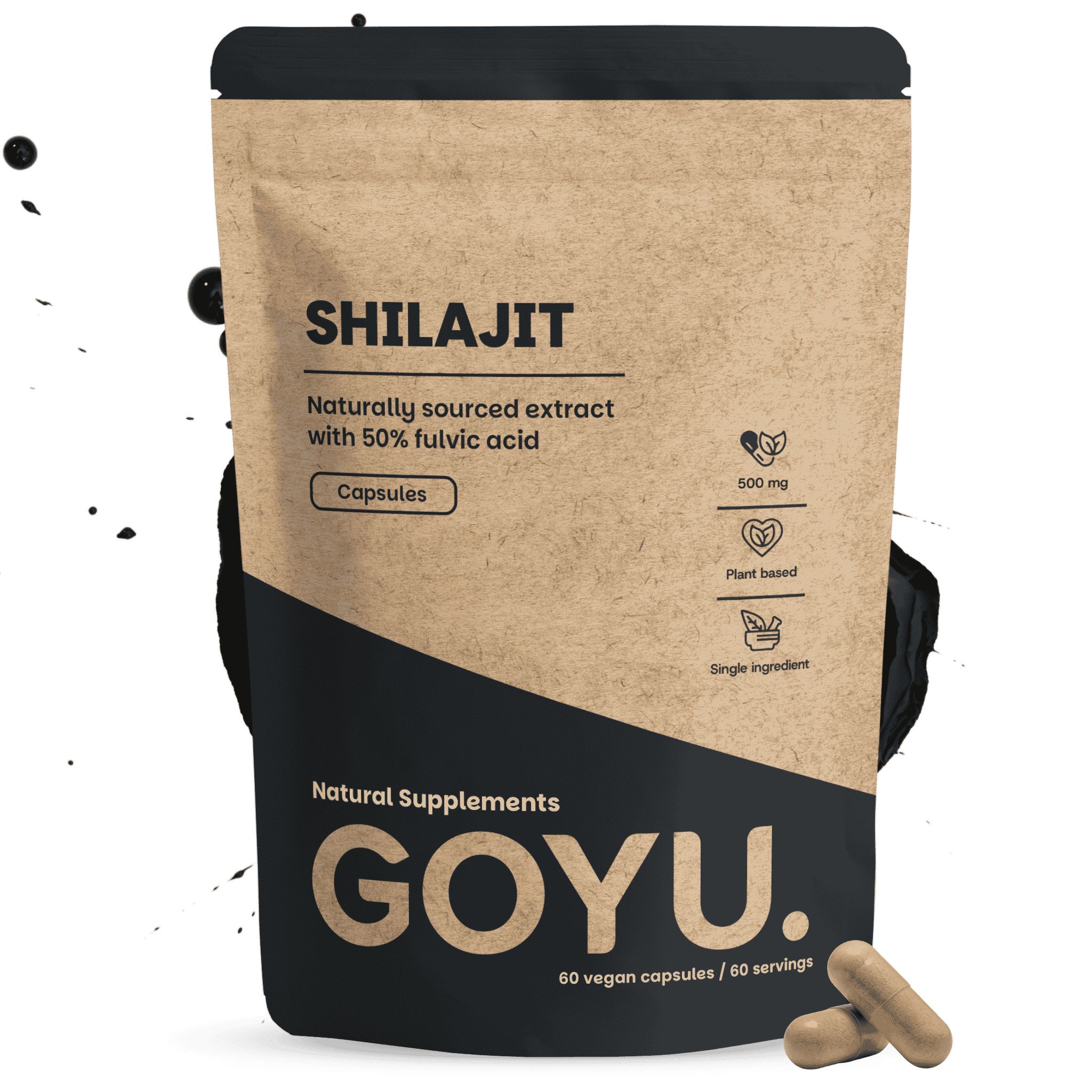 Braune Standbodenbeutel mit Shilajit-Kapseln, 50% Fulvinsäure, 500 mg.