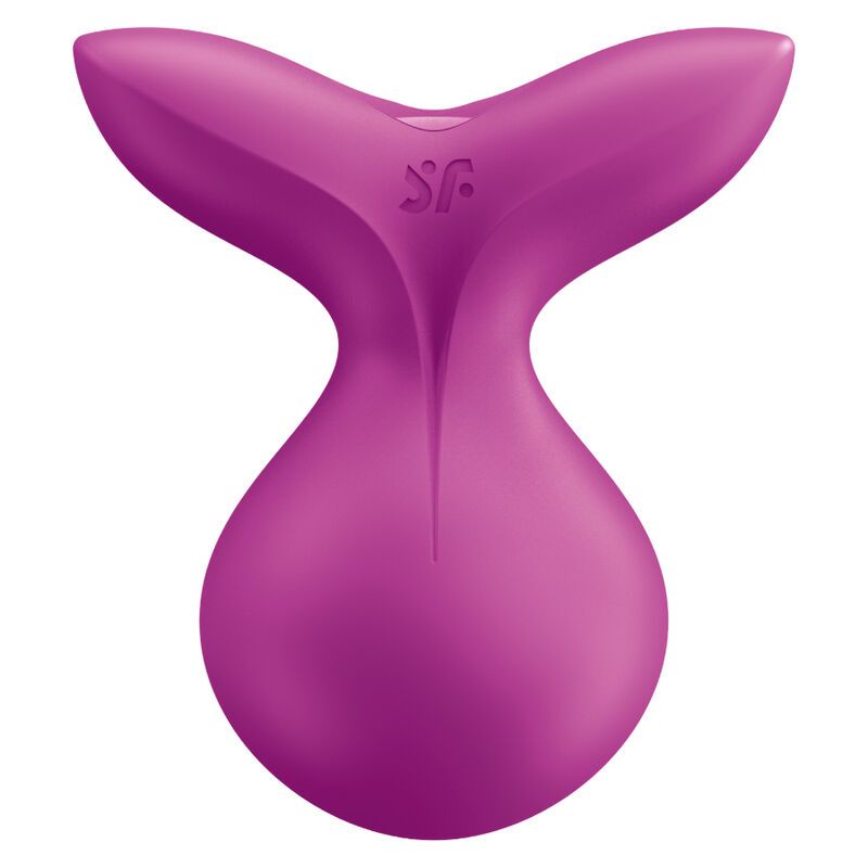 Lila Auflegevibrator. Form mit zwei Flügeln und einem runden Körper. Oberseite mit Logo. Glatte, matte Oberfläche.
