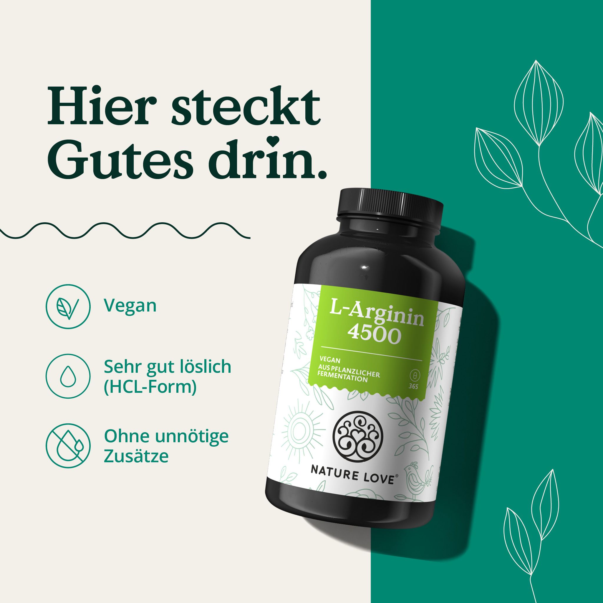 NATURE LOVE® L-Arginin - 365 Kapseln - Hochdosiert: 4500mg HCL (davon 3.750 mg Arginin)/Tagesdosis