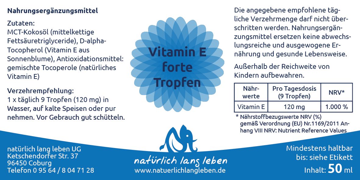 Etikett mit Informationen zu "Vitamin E forte Tropfen". Zutaten, Verzehrempfehlung, Nährwerte und Herstellerangaben. Text in Deutsch.