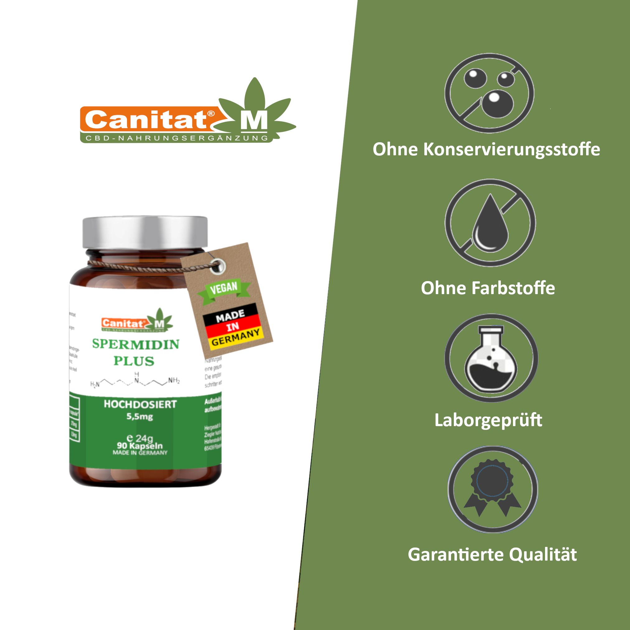 Braune Glasflasche mit Etikett. Produktname, Inhaltsangabe und Herkunftsland. Logos: ohne Konservierungsstoffe, ohne Farbstoffe, laborgeprüft.