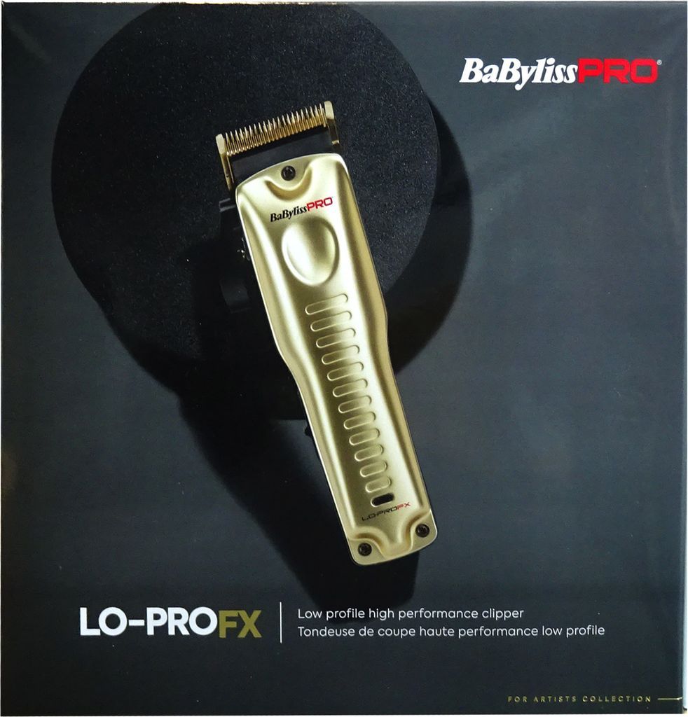Goldene Haarschneidemaschine auf schwarzem Hintergrund. Marke: BaBylissPRO. Modell: LO-PROFX.