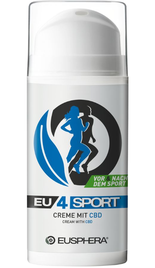 Weißer Tiegel mit blauem Logo und Text. EU4SPORT, Creme mit CBD, Eusphera. Vor & nach dem Sport.