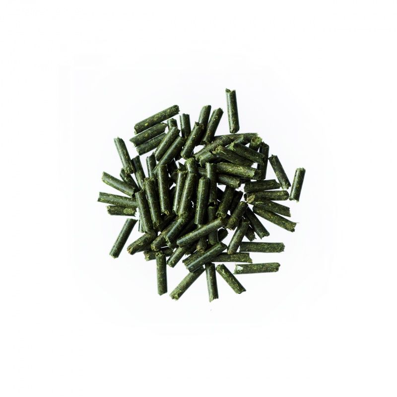 Grüne, zylindrische Pellets. Auf weißem Hintergrund. Einzelne Pellets verstreut.