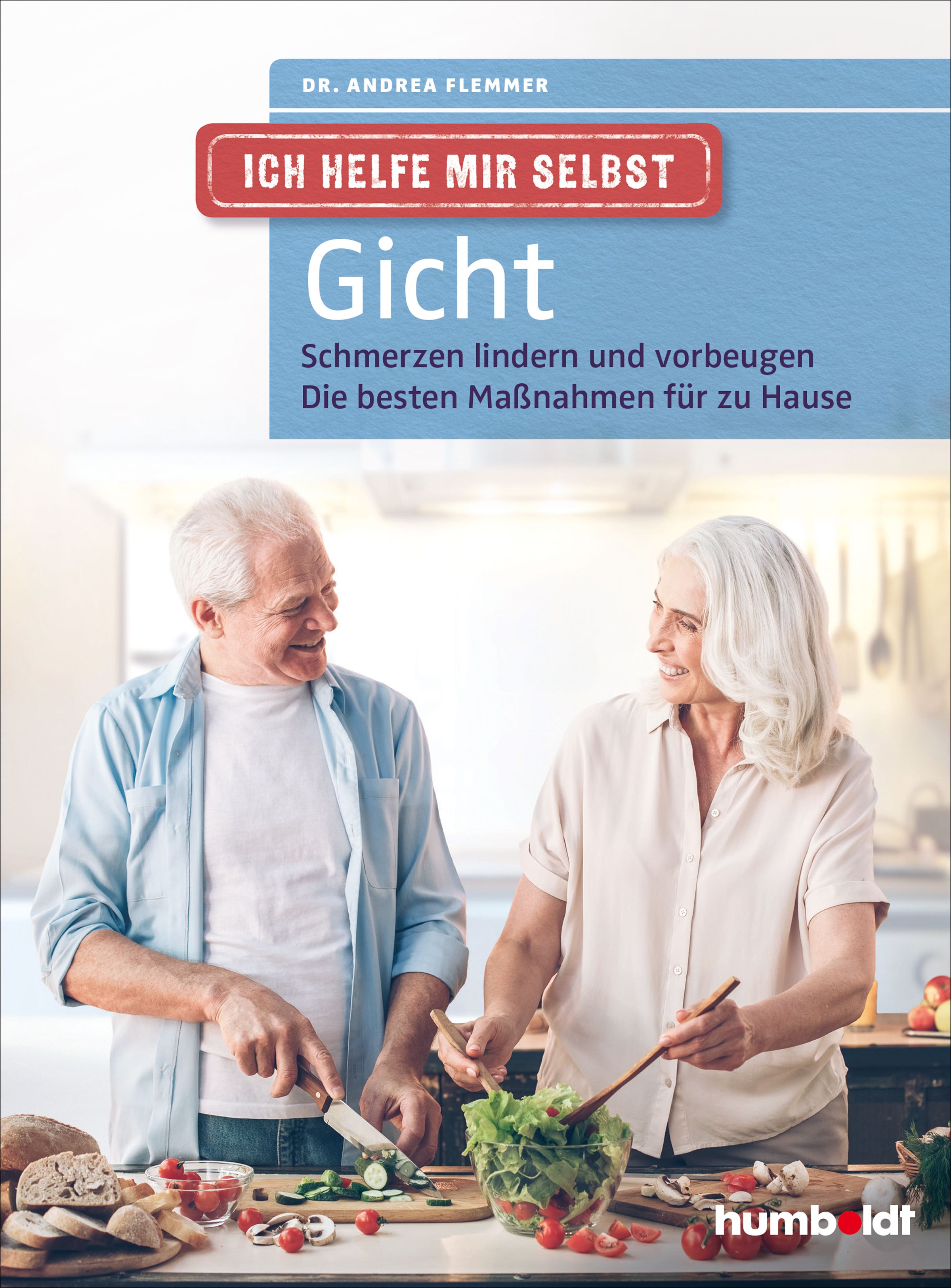 Buchcover: Titel "Ich helfe mir selbst - Gicht". Autor: Dr. Andrea Flemmer. Untertitel: Schmerzen lindern und vorbeugen. Zwei Personen beim Kochen.