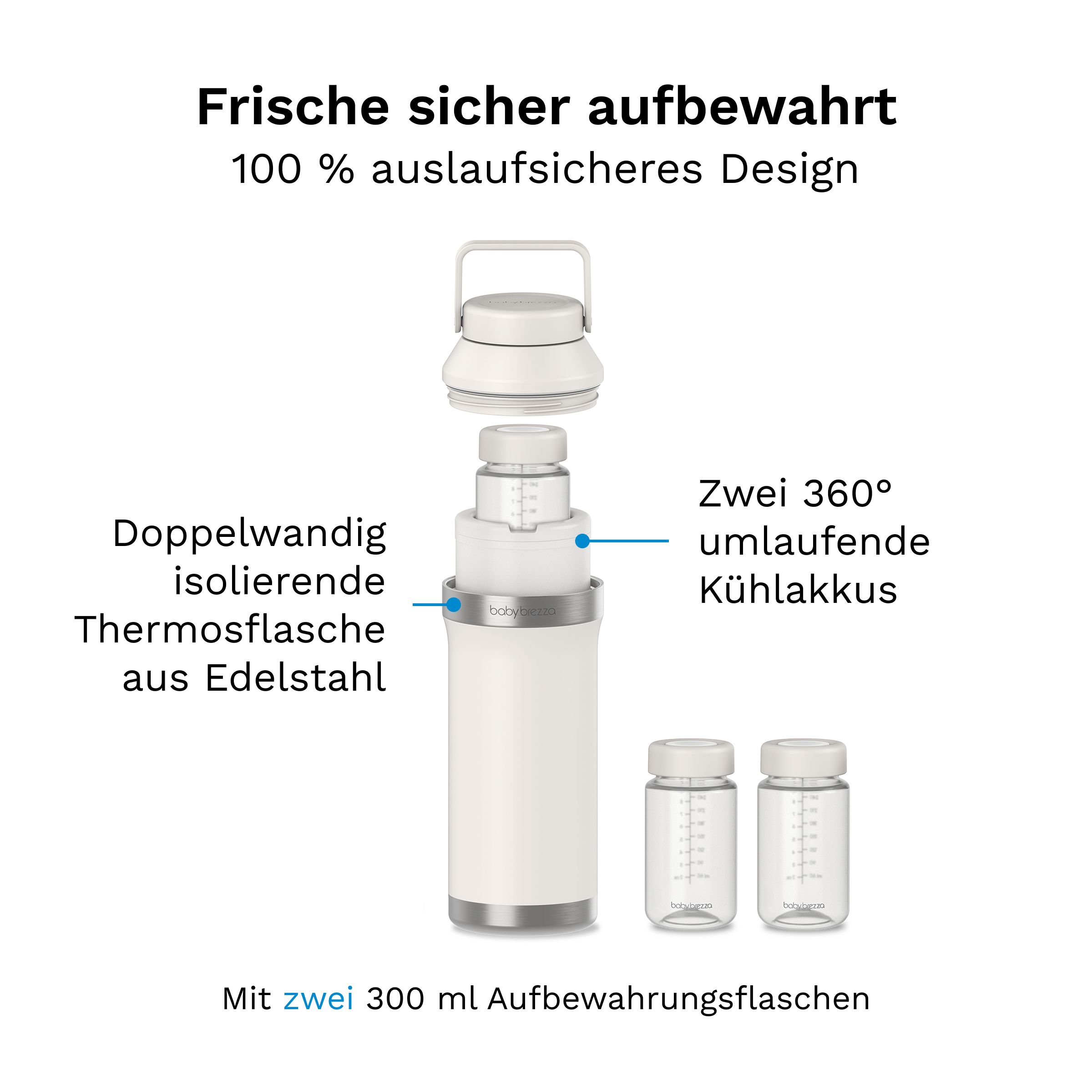Explosionszeichnung einer Baby Brezza Thermosflasche mit zwei 300 ml Aufbewahrungsflaschen und Kühlakkus.