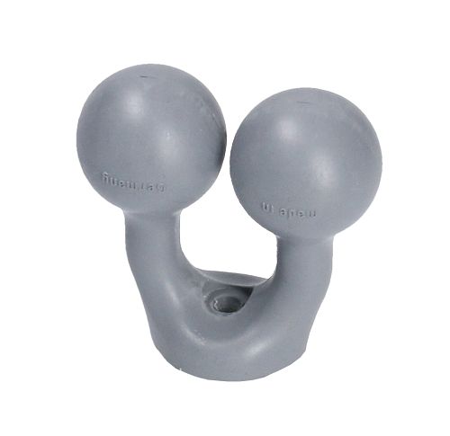 Grauer Gegenstand mit zwei Kugeln und einem gebogenen Griff. Auf den Kugeln steht "Made in Germany".