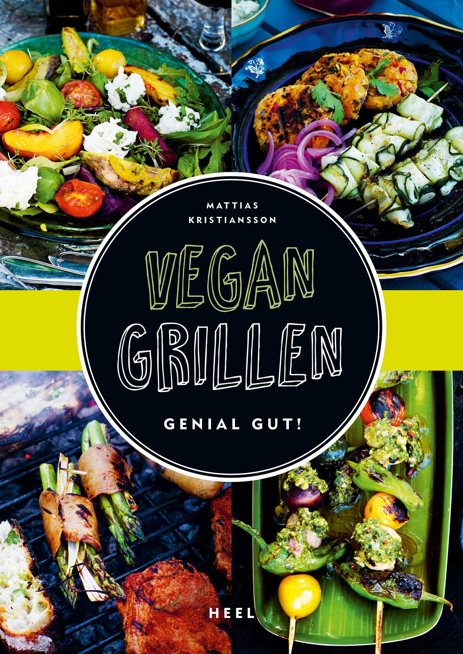 Kochbuch "Vegan Grillen" mit verschiedenen Grillgerichten. Auf dem Cover: Teller mit gegrilltem Gemüse und Text.