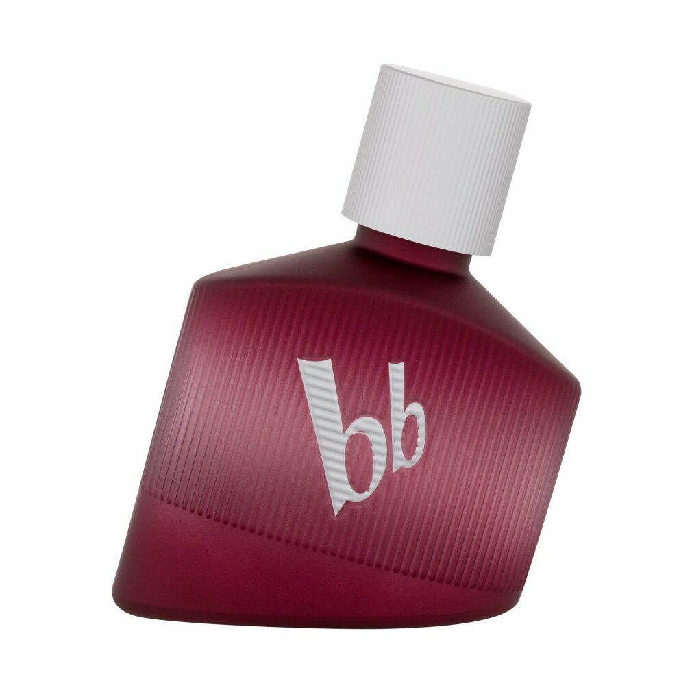 Roter Flakon mit weißem Deckel. Vertikale Linien und Logo 'bb'. Schräge Form.