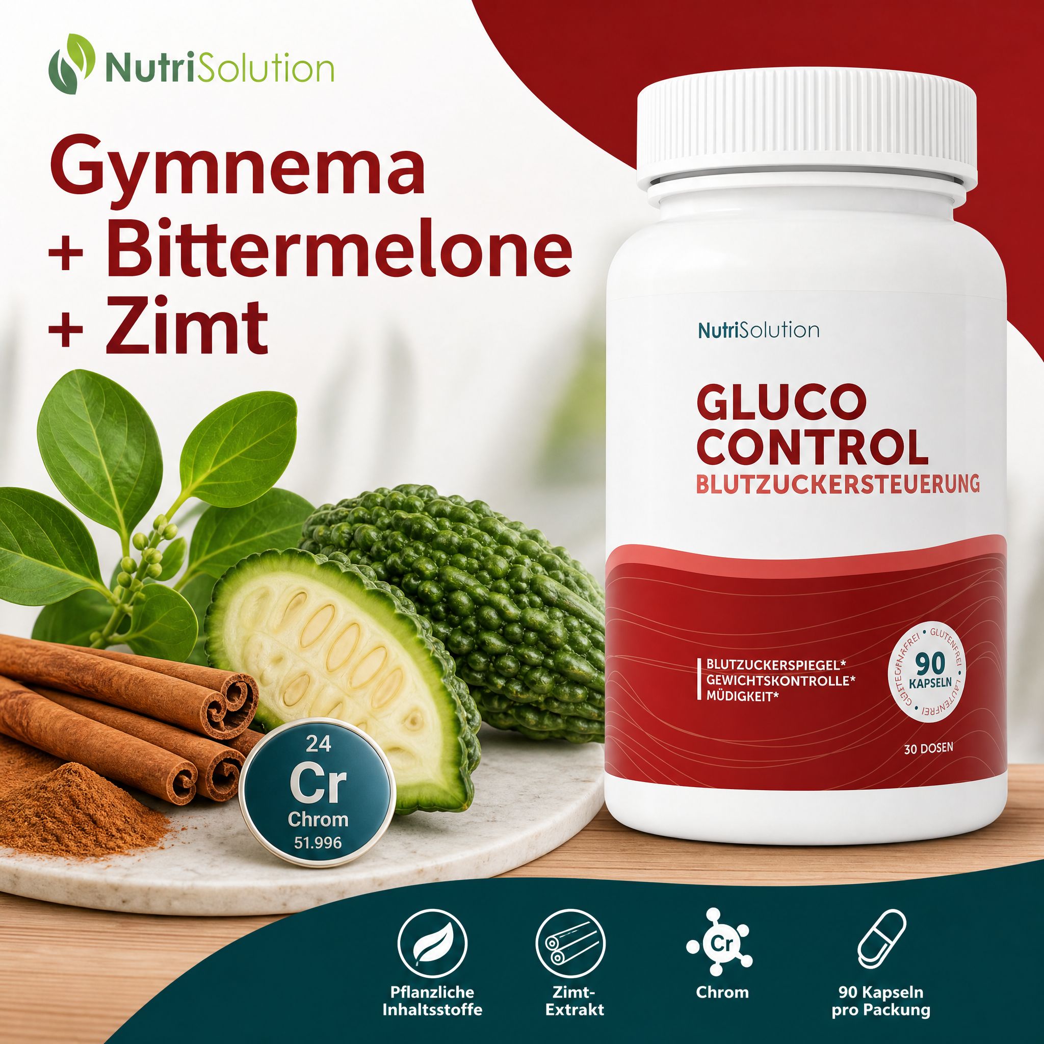 NutriSolution Glucauxi 85 Kapselbehälter mit Gymnema, Bittermelone und Zimt.