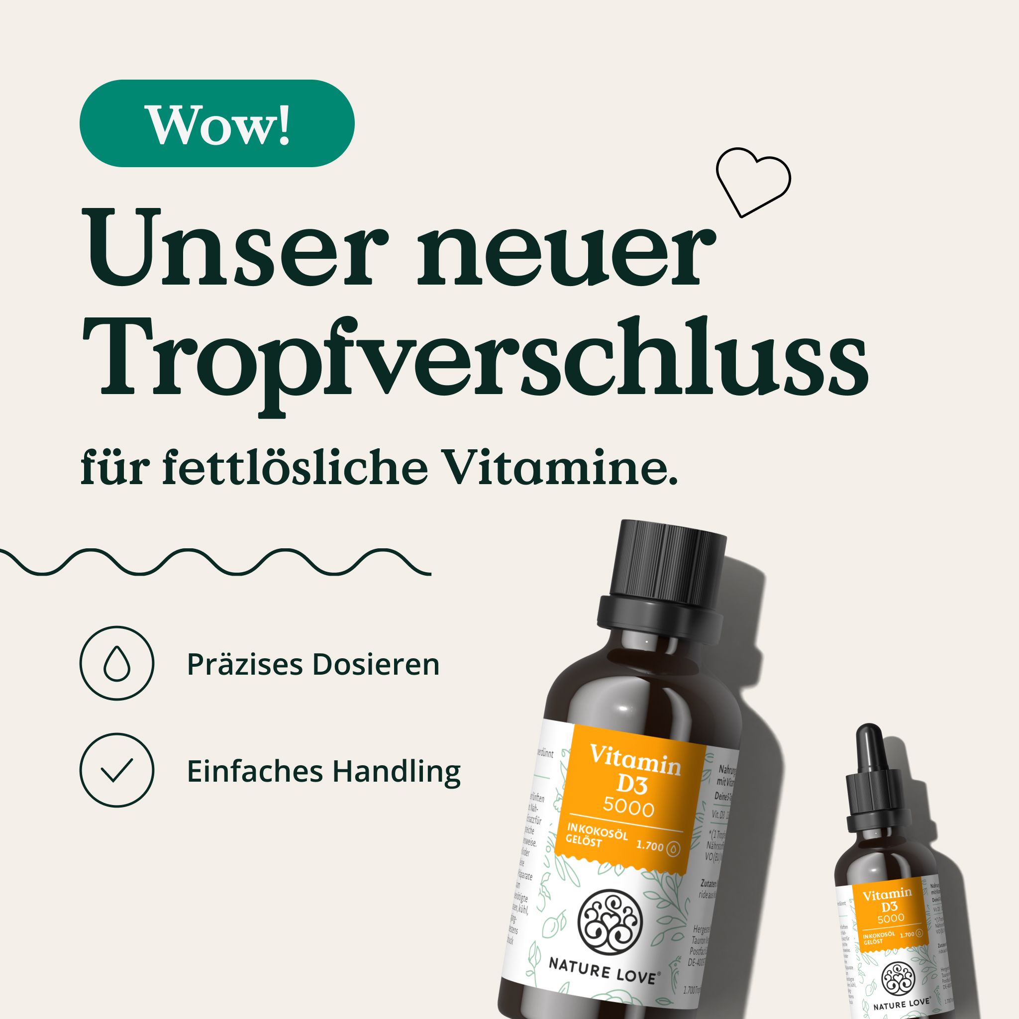 Zwei Flaschen Vitamin D3 5000. Präzises Dosieren. Einfaches Handling. Tropfverschluss.