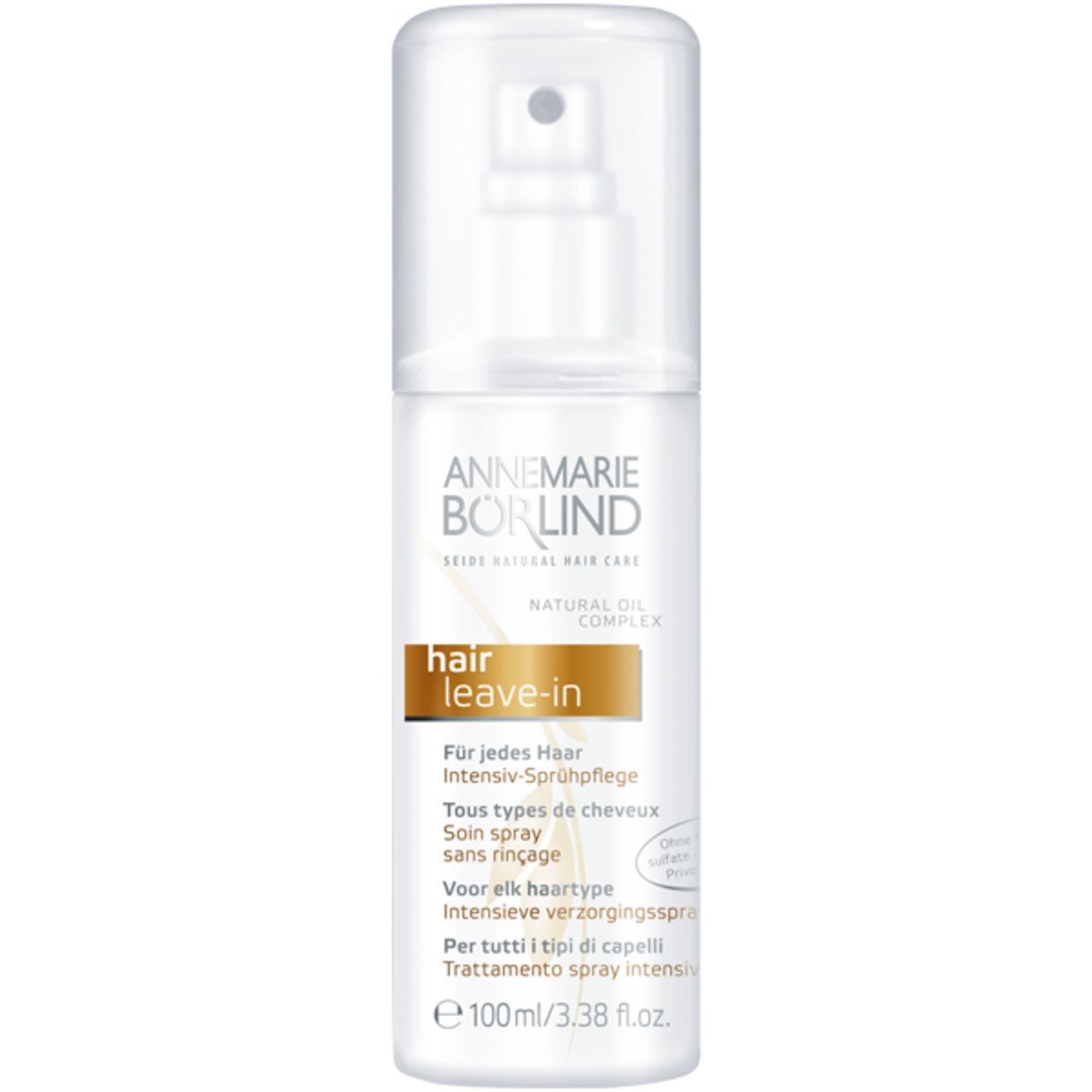 Weißes Spray mit Sprühkopf. Aufschrift: ANNEMARIE BÖRLIND, hair leave-in. Mehrsprachige Produktinformationen.