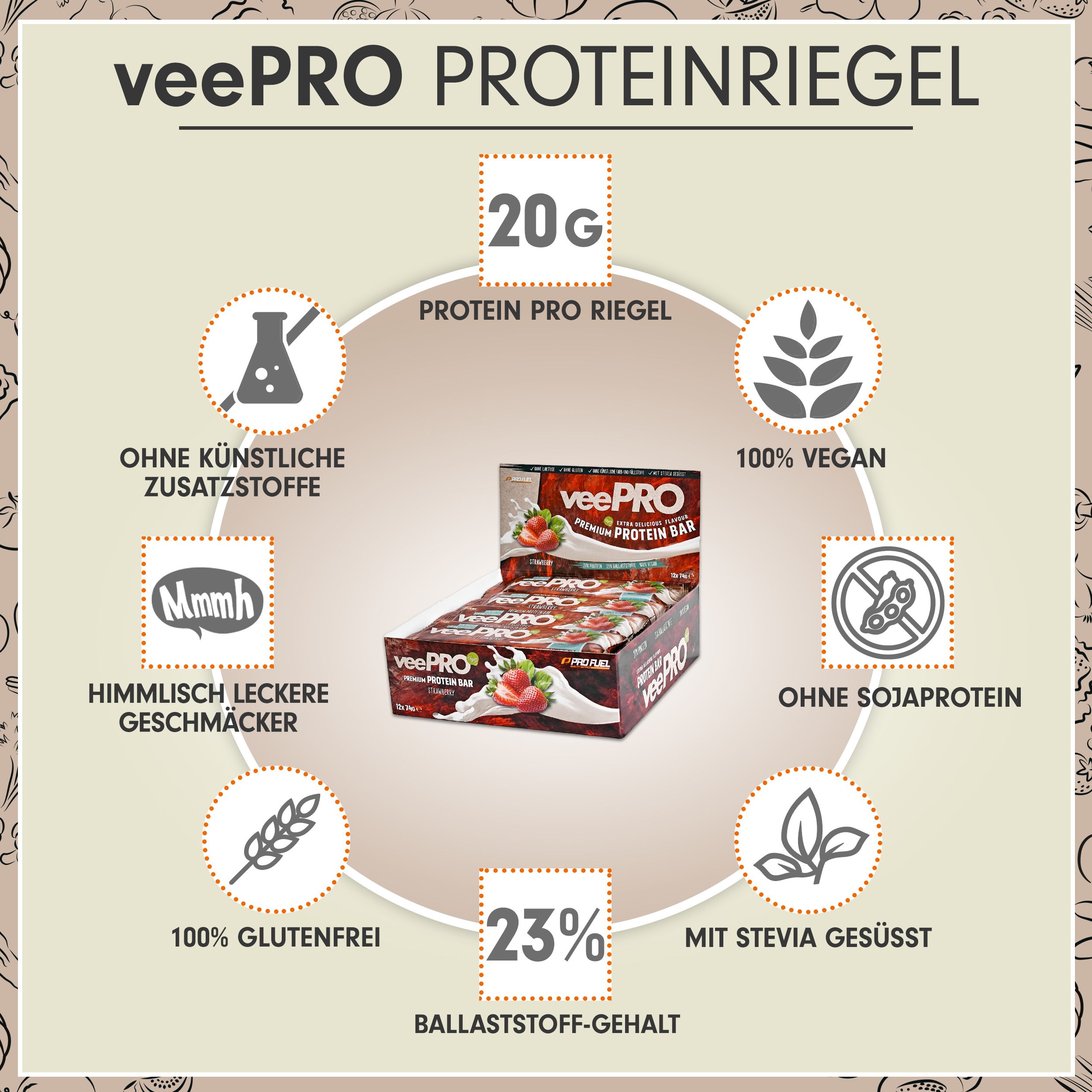 ProFuel - veePRO Proteinriegel Erdbeere 27% Protein, ballaststoffreich, zuckerarm & 100% vegan 12x74 g Riegel