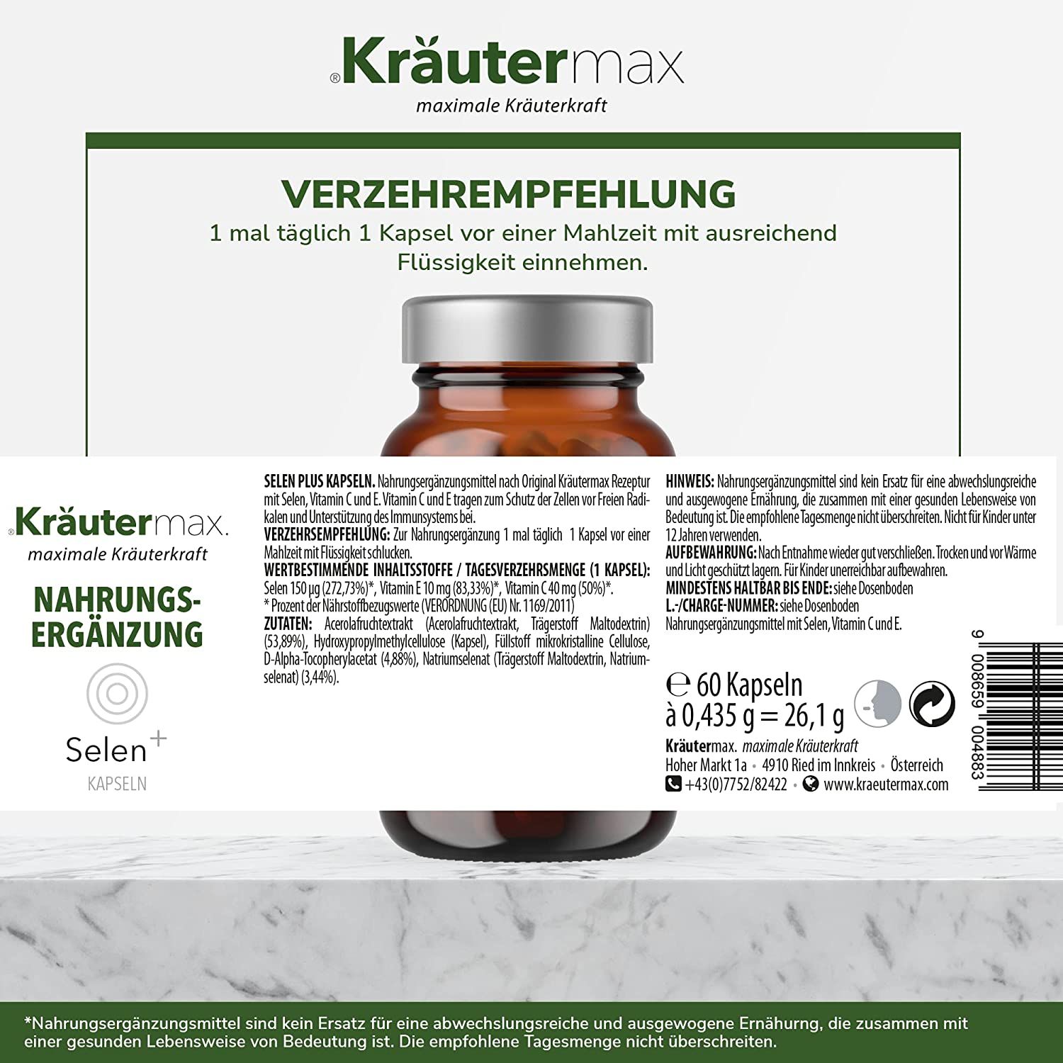 Kräutermax Selen 150 µg plus Vitamin C, E Kapseln