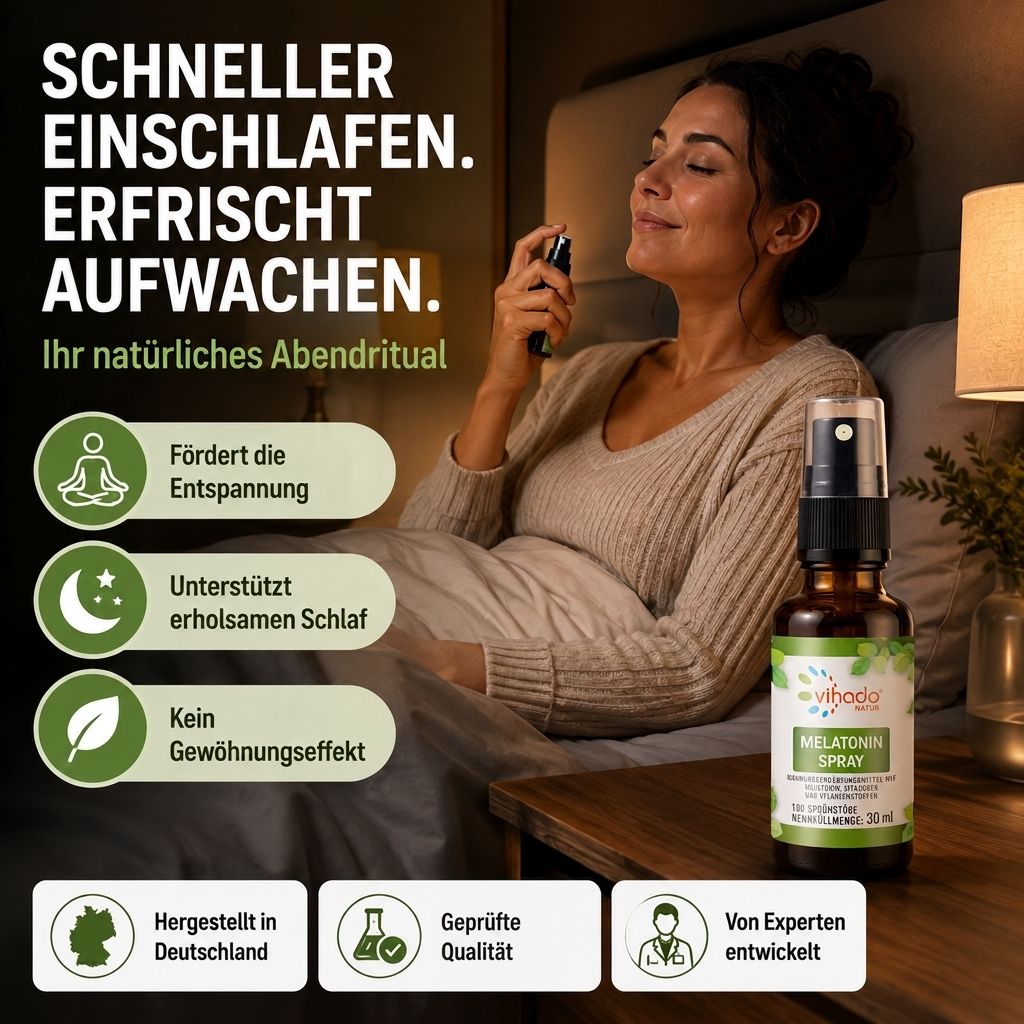 Frau sprüht Vihado Melatonin Spray vor dem Schlafengehen. Fördert Entspannung und erholsamen Schlaf.