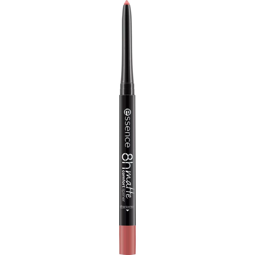 Ausgefahrener Lippenstiftstift mit schwarzem Schaft. Aufschrift: essence 8h matte comfort. Farbe: Rosa.